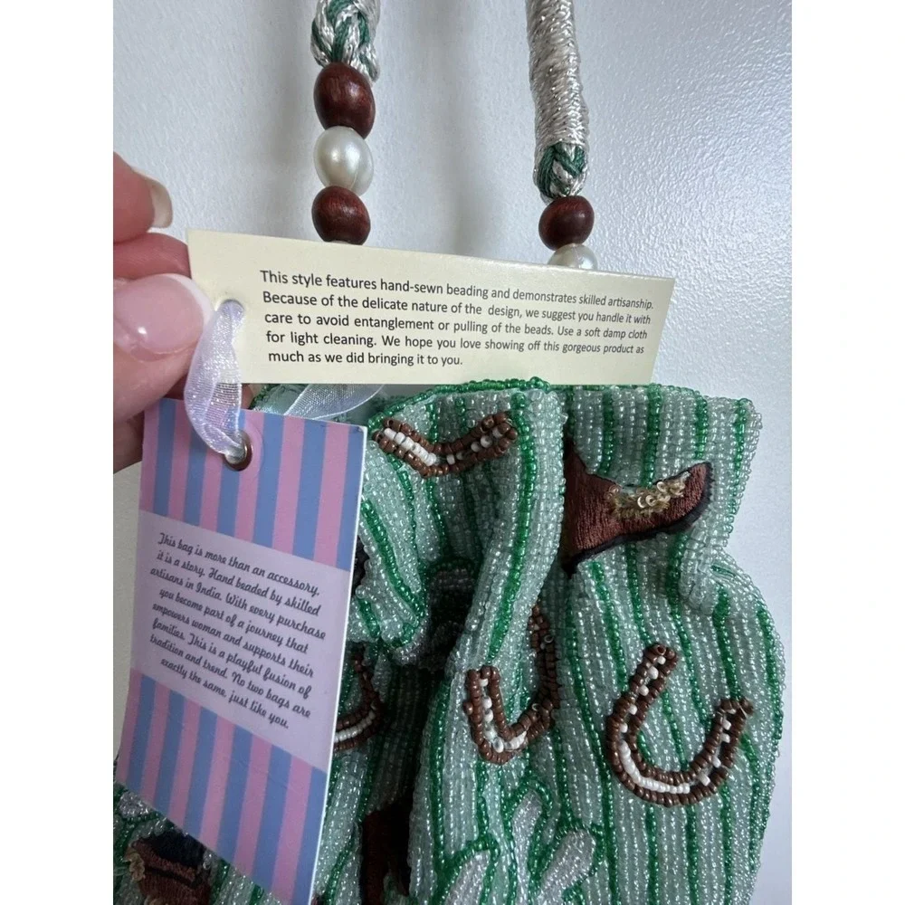 Handcrafted  India Beaded Western Drawstring Pouch Bag Cactus Cowboy Boot Green - Picture 8 of 10